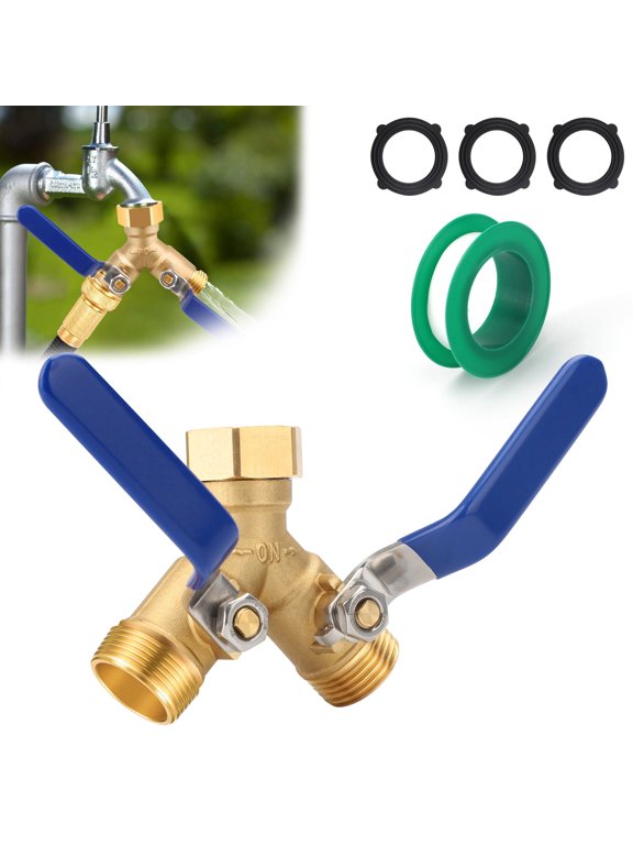 2 Way Heavy Duty Brass Garden Hose Splitter, Full Flow Y Valve Hose Splitter Connector With Long Handle, 3/4" GHT Thread