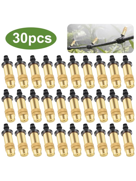 30-Pack Adjustable Misting Nozzles, Brass and Plastic Drip Irrigation Spray Emitters for Garden, Greenhouse and Patio Cooling