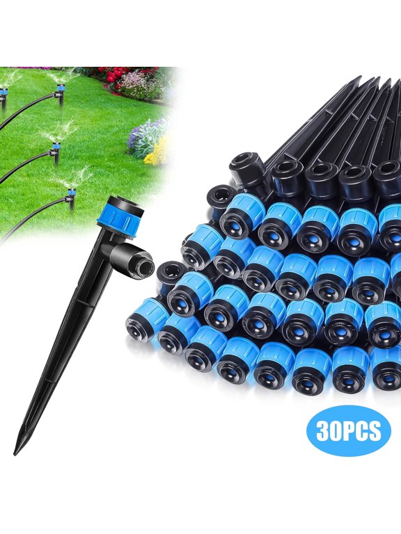 30pcs Drip Irrigation Emitters, Adjustable 360 Degree Water Flow Drippers Sprayer for 1/4" Tubing, Push-to-Connect Drip Emitters Vortex on 5.5" Stake for Irrigation System