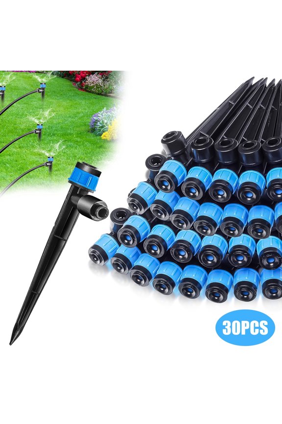 30pcs Drip Irrigation Emitters, Adjustable 360 Degree Water Flow Drippers Sprayer for 1/4" Tubing, Push-to-Connect Drip Emitters Vortex on 5.5" Stake for Irrigation System