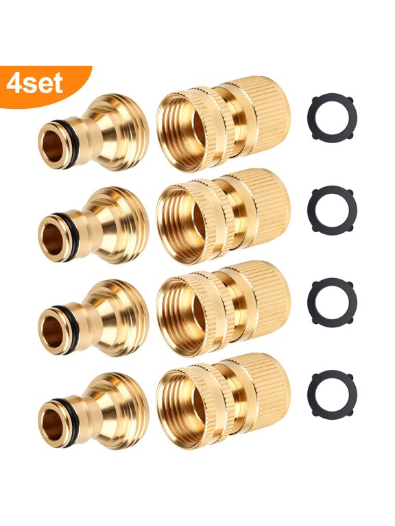4 Sets Garden Hose Quick Connector, Quick Disconnect Hose Fittings Male and Female, Solid Brass 3/4 Inch GHT Leak-Proof Connectors