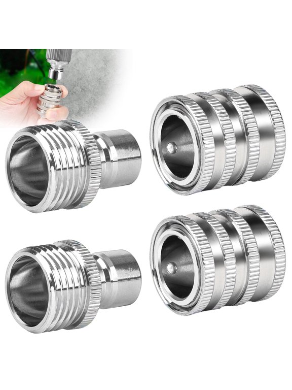4pcs Garden Hose Quick Connect Fittings, 3/4 Inch GHT Stainless Steel Water Hose Quick Release Connector Set for Hoses and Sprayers
