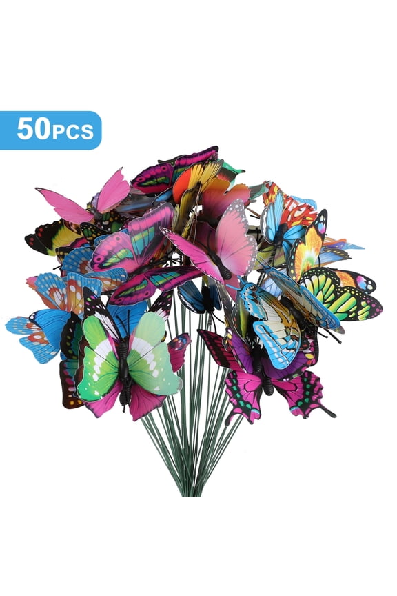 50pcs Butterfly Garden Decorations, 9.8" Butterfly Stakes Ornaments, Artificial Waterproof Butterflies for Flower Bouquet Outdoor Indoor Yard