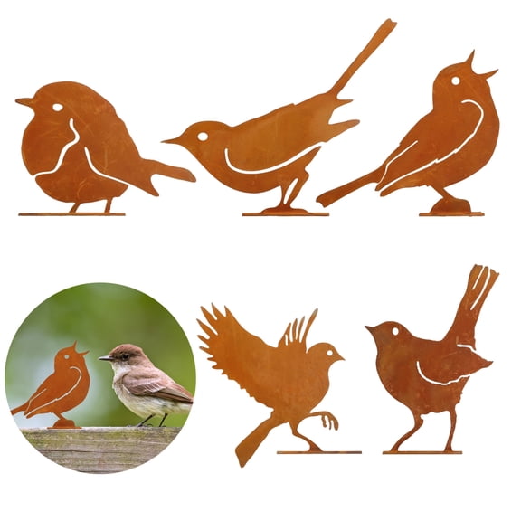 Lingsida 5pcs Rusty Birds Decoration, Outdoor Bird Wall Decor, Metal Birds Craft Statue Ornaments, Garden Sculptures and Yard Art, Fence Decorations Outdoor, Rustic Garden Decor