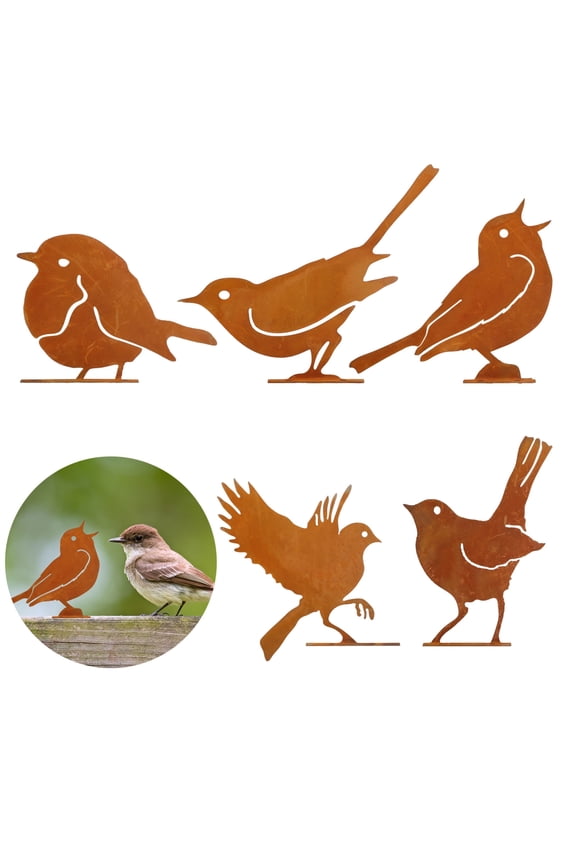 5pcs Rusty Birds Decoration, Outdoor Bird Wall Decor, Metal Birds Craft Statue Ornaments, Garden Sculptures and Yard Art, Fence Decorations Outdoor, Rustic Garden Decor