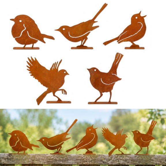 Lingsida 5-Piece Rusty Metal Bird Decor Set, Outdoor Bird Silhouettes with Mounting Hardware for Fences, Trees and Garden Walls