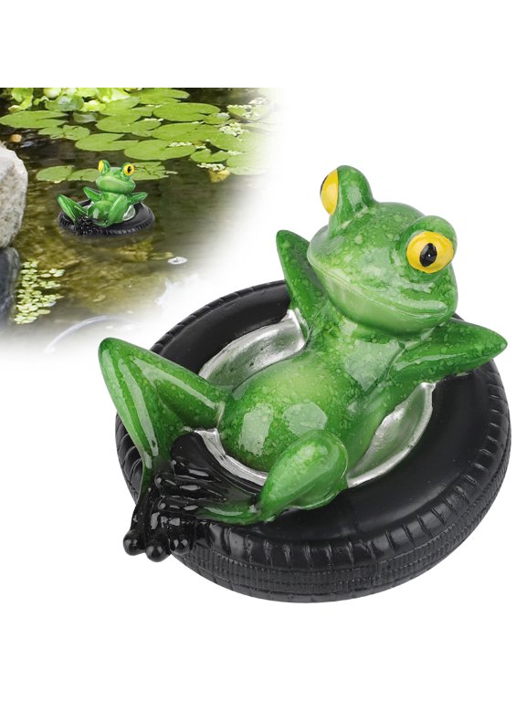 Floating Frog Pond Ornament, 4.7 in Resin Frog Statue on Tire for Garden Pond, Fountain, Pool and Water Feature Decor, Green