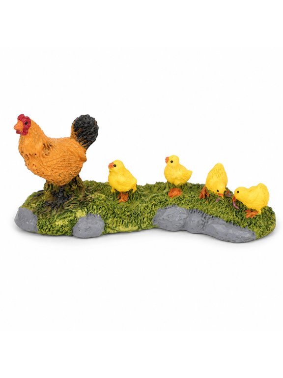 Hen and Chicks Figurine for Miniature Garden Landscape Decor, Resin Chicken Family Ornament with Base