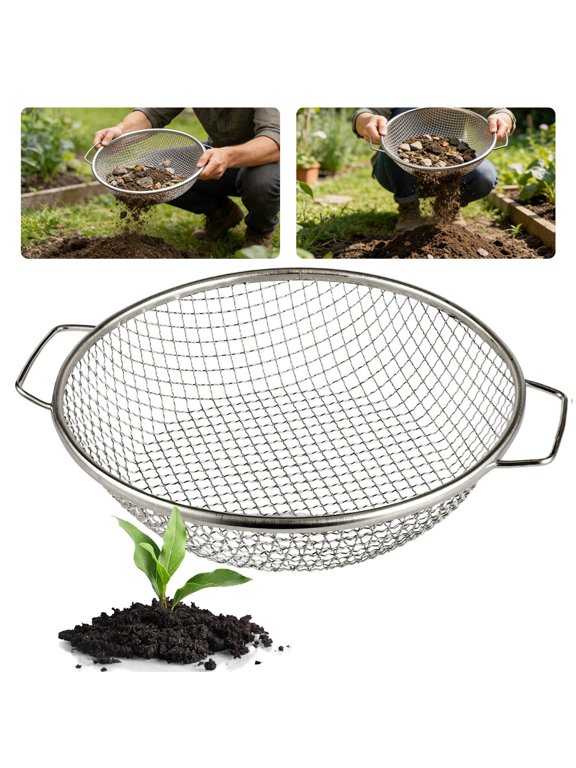 Soil Sifter for Gardening, 3/8" Mesh Rock Compost Dirt Sifter Sifter Fit 5-Gallon Buckets, Garden Sieve for Dirt, Sand, Compost, Stainless Steel Garden Sieve with Handles