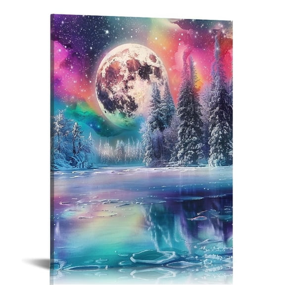 Lingy Aurora Borealis Wall-Art Office - Colorful Wall Art - Nature Wall Art for Living Room Tree Pictures Large Moon Poster Ready to Hang