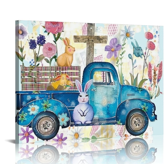 Lingy Canvas Prints Wall Art Paintings Farmhouse Blue Easter Bunny Truck HD Print Painting Wall Artworks Pictures Framed Painting Wall Art for Living Room Bedroom