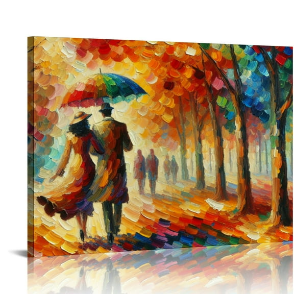 Lingy Colorful  Romantic Wall Art The Couple Walking in the Rain Framed Landscape Canvas Picture Artwork Decor for Home Decoration