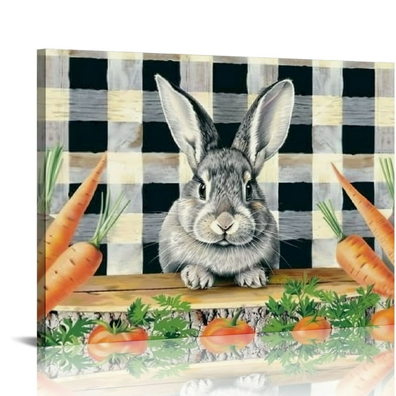 Lingy Easter Canvas Wall Art, Framed Canvas Prints Spring Bunny Carrot Black White Plaid Painting Pictures Print On Canvas Ready to Hang Wall Decor