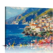 Lingy  Framed Canvas Print Wall Art Italian Seaside Village with Flower Field Nature Wilderness Illustrations Modern Rustic Colorful Multicolor for Living Room, Bedroom, Office 16x12in