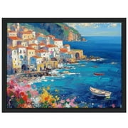 Lingy  Framed Canvas Print Wall Art Italian Seaside Village with Flower Field Nature Wilderness Illustrations Modern Rustic Colorful Multicolor for Living Room, Bedroom, Office  16x12in