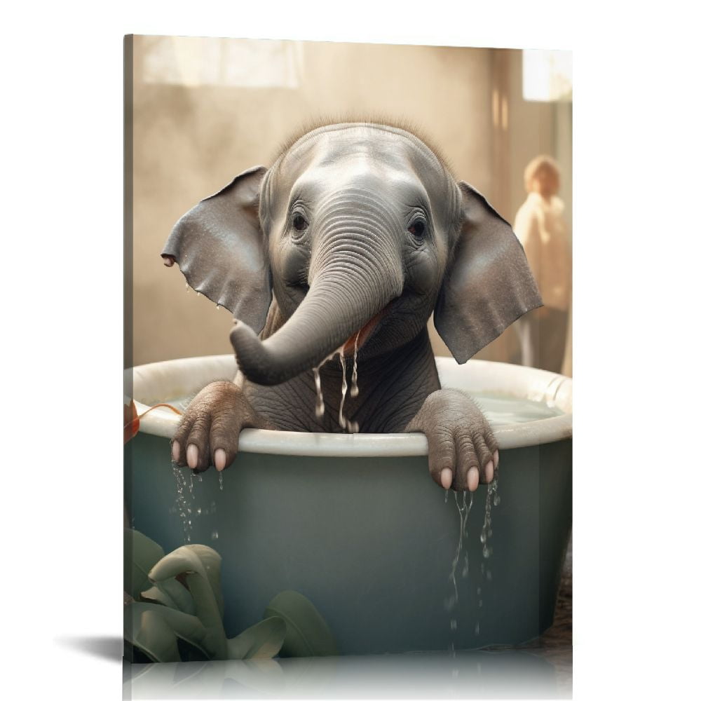 Lingy Funny Elephant Bathroom Decor Wall Art, Warm Canvas Prints of