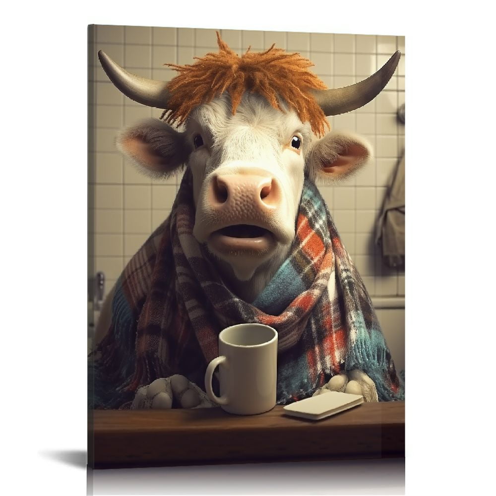 Lingy Funny Highland Cow Bathroom Wall Art Decor,Brown Highland Cow In Bathtub And Toilet Poster