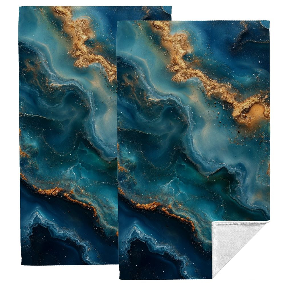 Lingy Gold and Blue Abstract Art 2Piece Towel Set for Kitchens