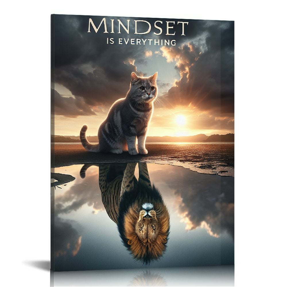 Lingy Inspirational Canvas Painting Small Cat and Big Lions Mindset is Everything Wall Art Cute