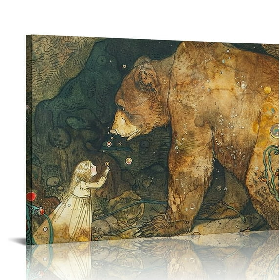 Lingy John Bauer Wall Art - Poor Little Basse Girl with Bear Poster - Fairy Tale Illustration - Vintage Poster Cute Pictures for Livingroom Bedroom Wall Decord 16x12in