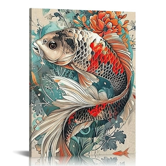 Lingy Koi Fish Ornamental Boho Art Design Canvas Wall Art Prints Pictures Gifts Artwork Framed For Kitchen Living Room Bathroom Wall Home Decor Ready to Hang