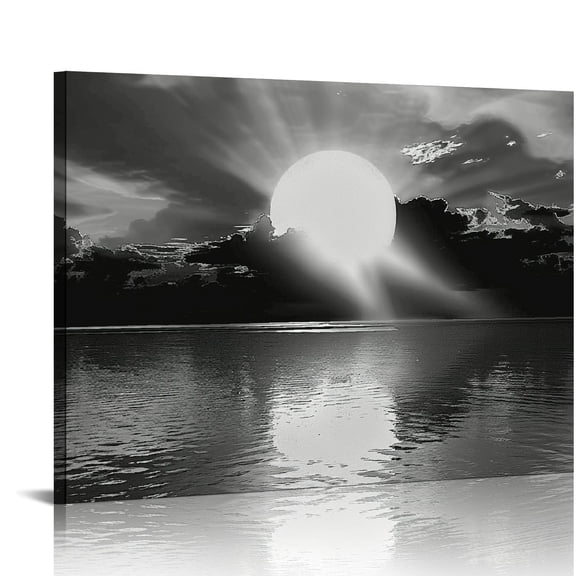 Lingy Large Black and White Canvas Full Moon Wall Art Sunset Picture Prints Moon on Sea Ocean Landscape Artwork for Home Decor Framed Ready to Hang