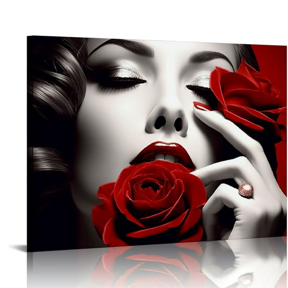 Lingy Red and Black Bathroom Decor Canvas Art Print Sexy Woman Lip Nails and Red Rose Picture Makeup Manicure Poster Artwork for Spa Salon for Wall Decor Fashion Wall Art for Bedroom Decor 20x16in