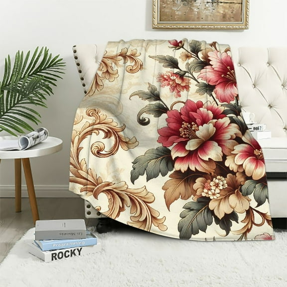 Lingy Reversible 8 LB Oversized Heavy Woven Fluffy Plush Soft Warm Korean Style Mink 2 Ply Printed Floral Flannel Fleece Throw Raschel Blanket, 78 x 86 Inch Red Flower Red Pattern White