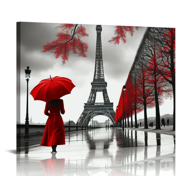 Lingy  Romantic Couple Walking in The Rain Eiffel Tower Red Tree Canvas Black and White Painting Wall Art Poster Modern Home Decor for Living Room Bedroom Framed Ready to Hang