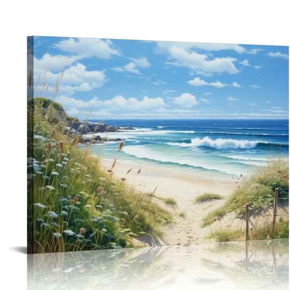 Lingy  Small Beach Scene Bathroom Wall Art Beach Path Coastal Canvas Wall Decor Blue Sea Bedroom Ocean Pictures Prints Wall Decorations Seascape Office Kitchen Framed Artwork