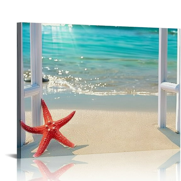 Lingy Starfish Seashell Beach Bathroom Wall Art Coastal Beach Pictures Wall Decor Blue Sea 3D Window View Canvas Artworks Tropical Ocean Nautical Wall Decor Framed for Living Room Bedroom