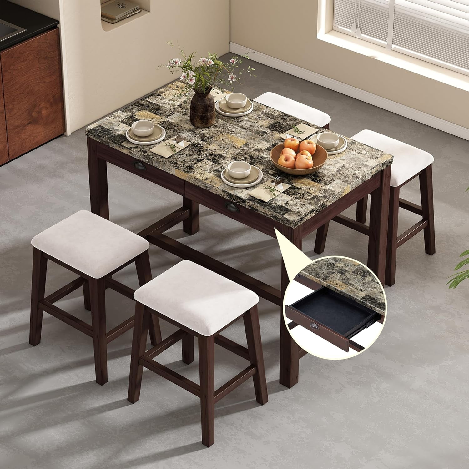 Linique 5-Piece Modern Faux Marble Bar Table Set,Breakfast Nook Table with Storage Drawers and 4 ...