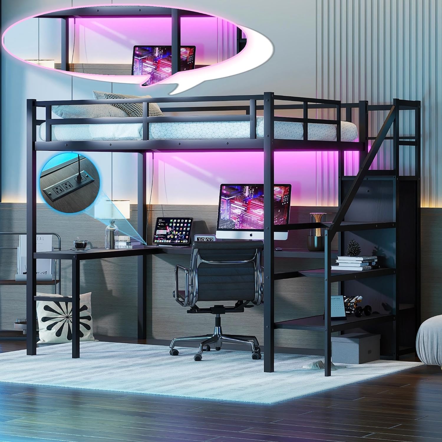 Linique Full Size Gaming Loft Bed with LShaped Desk, LED and Charging