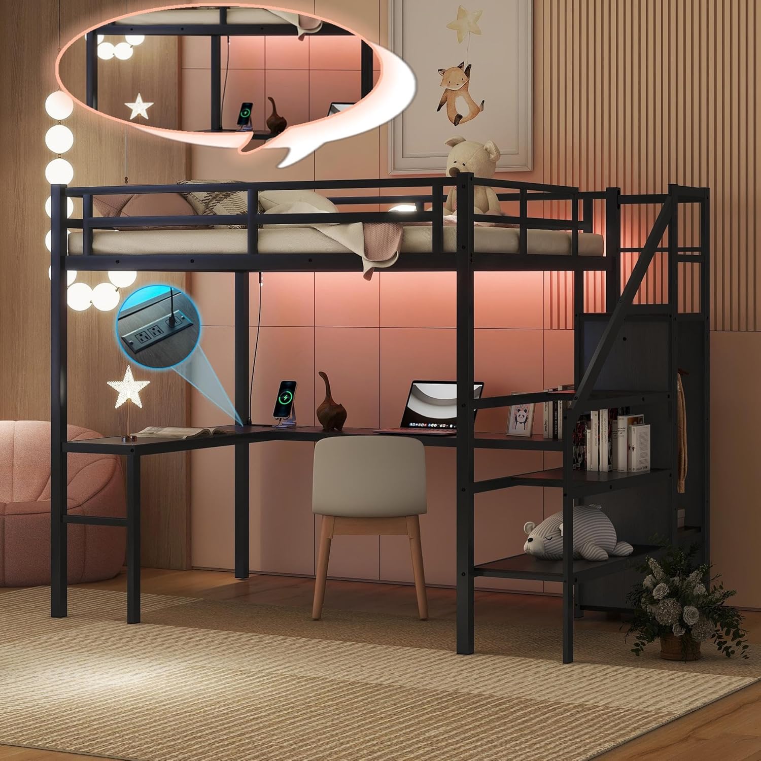 Linique Full Size Gaming Loft Bed with LShaped Desk, LED and Charging