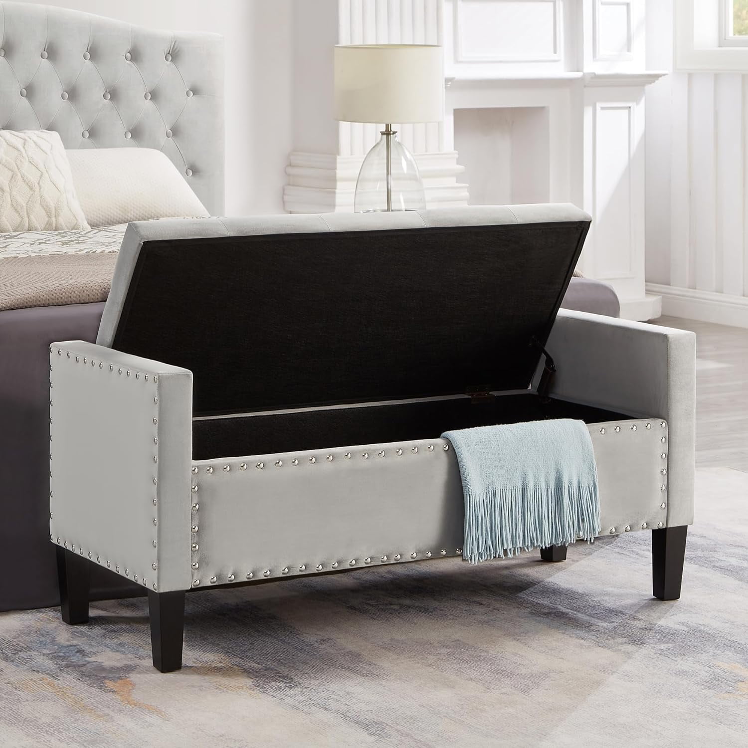 Linique Velvet Upholstered Storage Bench for End of Bed, Button Tufted ...