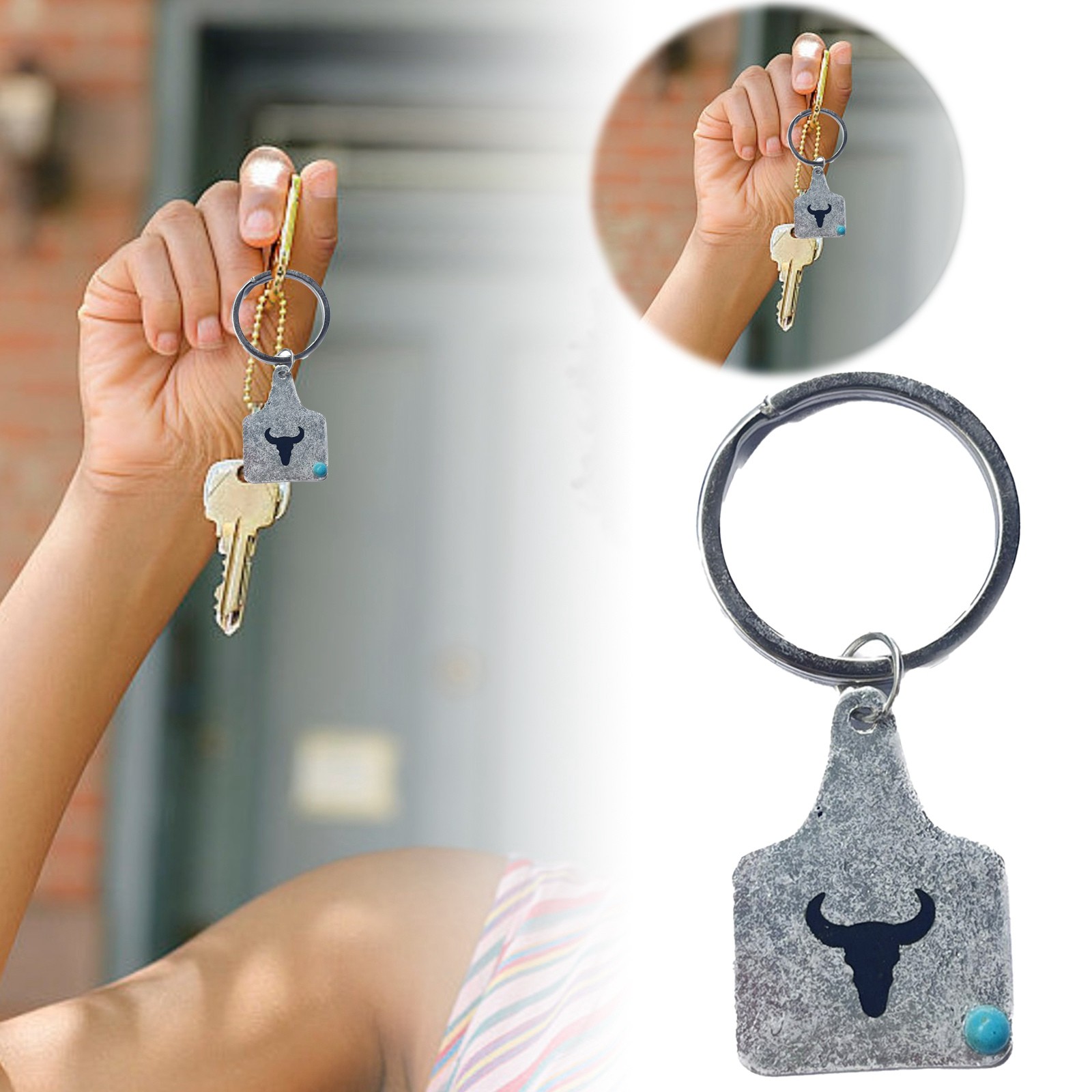 Linjieee [Turquoise Bull Tag Keychain] Star Bull Head Letter Motif
