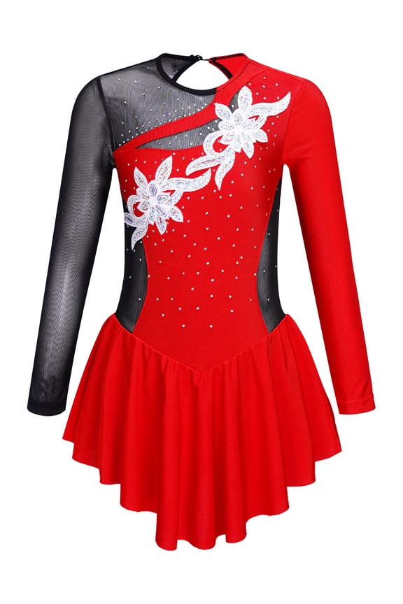 Big Girl's Athletic Ballet Dance Dress Roller Skating Dress Dancing Outfit Ice Figure Skating Red 14