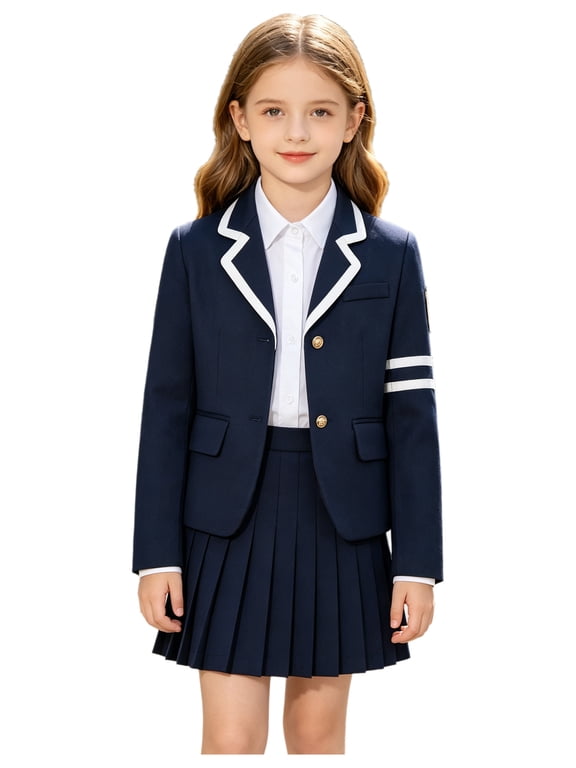 Boys Girls Blazer Jacket High School Uniform Preppy Jacket with Flap Pockets Navy Blue 8