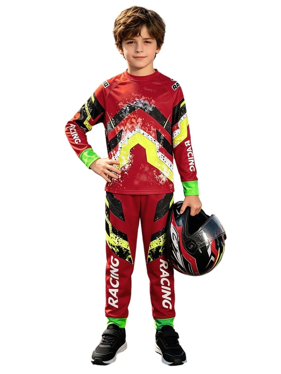 Boys Motorcycle Outfit Riding Set Dirt Bike Gear Motocross Jersey And Pants Red 6