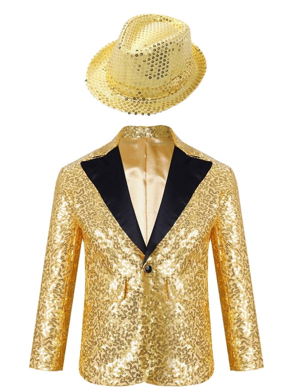 Boys Sequins Lapel Blazer Tuxedo Suit Jacket 1 Button Coat Wedding Birthday Party Formal Suit Gold 8