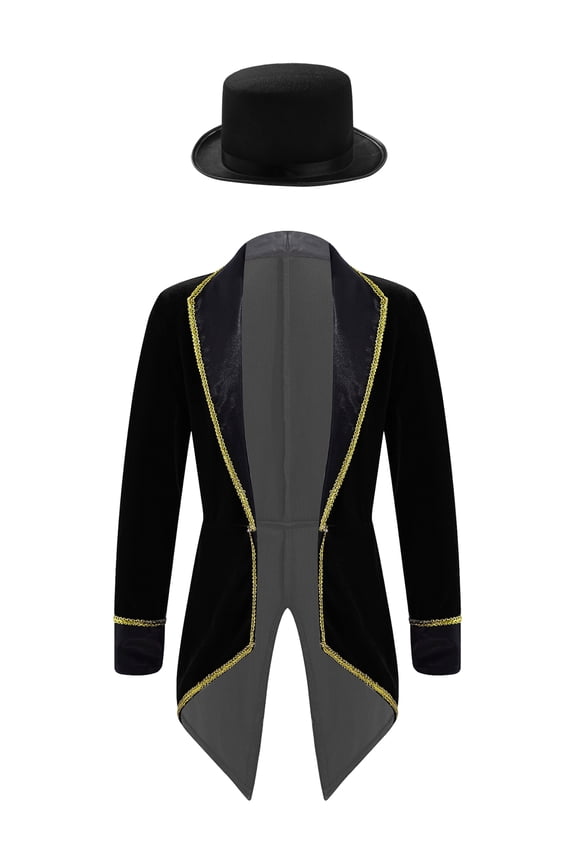 Children Boys Tailcoat Jacket with Felt Hat Showman Medieval Gentleman Outfits Black 8