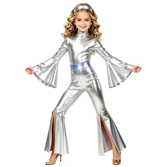 Linjinx Disco Jumpsuit for Girls Girls Bell Bottom 70s Outfits Silver 14