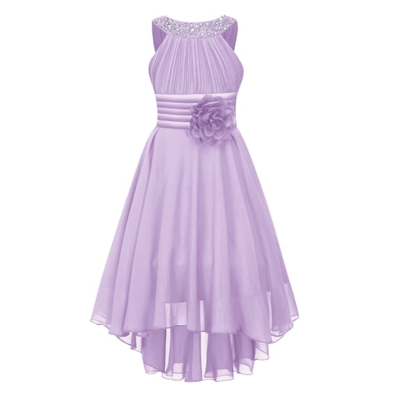 Linjinx Flower Girl Sleeveless Beaded High Low Dress Asymmetrical Chiffon Junior Bridesmaid Dress Lavender 14