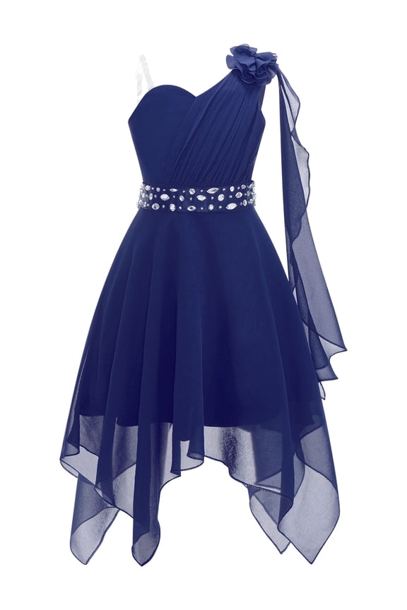 Flower Girls One Shoulder Dressing Gown Irregular Tulle Calf Length Wedding Bridesmaid Gown Navy Blue 14