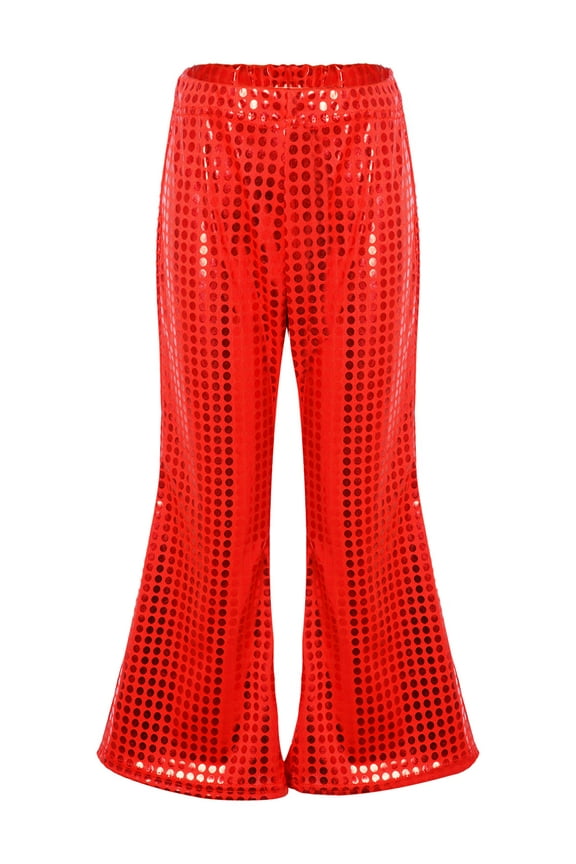Girl's Glitter Wide Leg Bell Bottoms Flare Trousers Modern Hip Hop Jazz Street Latin Dance Red 120
