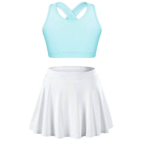 Linjinx Girls 2 Piece Tennis Golf Sports Outfit Sleeveless U Neck Tank Top with Pleated Skort Skirt Light Blue&White 14
