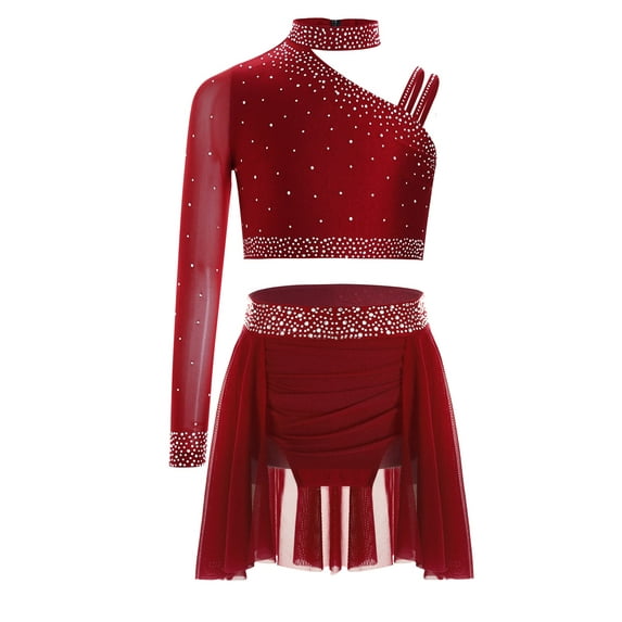 Linjinx Girls 2 Pieces One Shoulder Crop Top and Skirts Lyrical Dance Dress Set Jazz Latin Ballroom Burgundy 16
