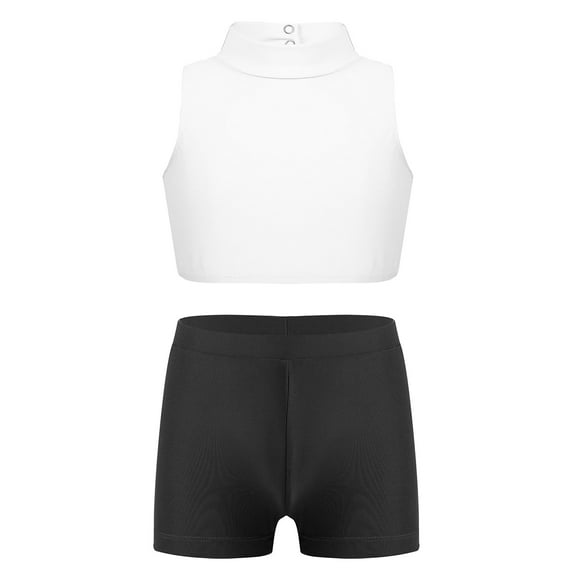 Linjinx Girls 2PCS Sport Outfits Racerback Crop Top with Booty Shorts Set Ballet Dance Gymnastics Ivory&Black 14