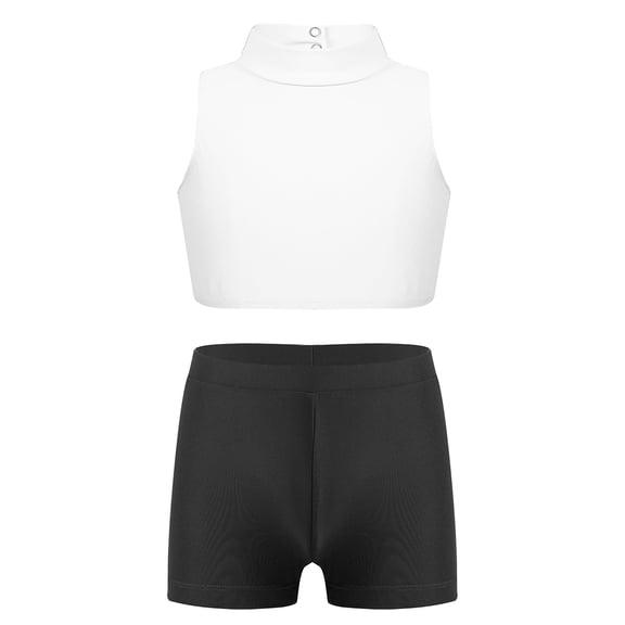 Linjinx Girls 2PCS Sport Outfits Racerback Crop Top with Booty Shorts Set Ballet Dance Gymnastics Ivory&Black 6
