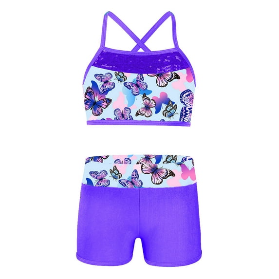 Linjinx Girls 2pcs Dance Outfit Sequins Mermaid Scales Printed Gym Athletic Set Swimwear Bathing Suit Swallowtail Blue 4